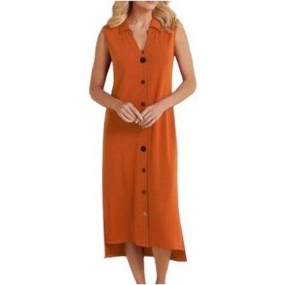 Soft Surroundings Button Down Midi Shift Shirt Dress Orange Sleeveless sz XS